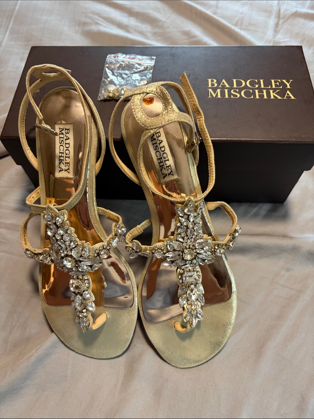 Badgley Mischka Gold Crystal-Embellished T-Strap Heels